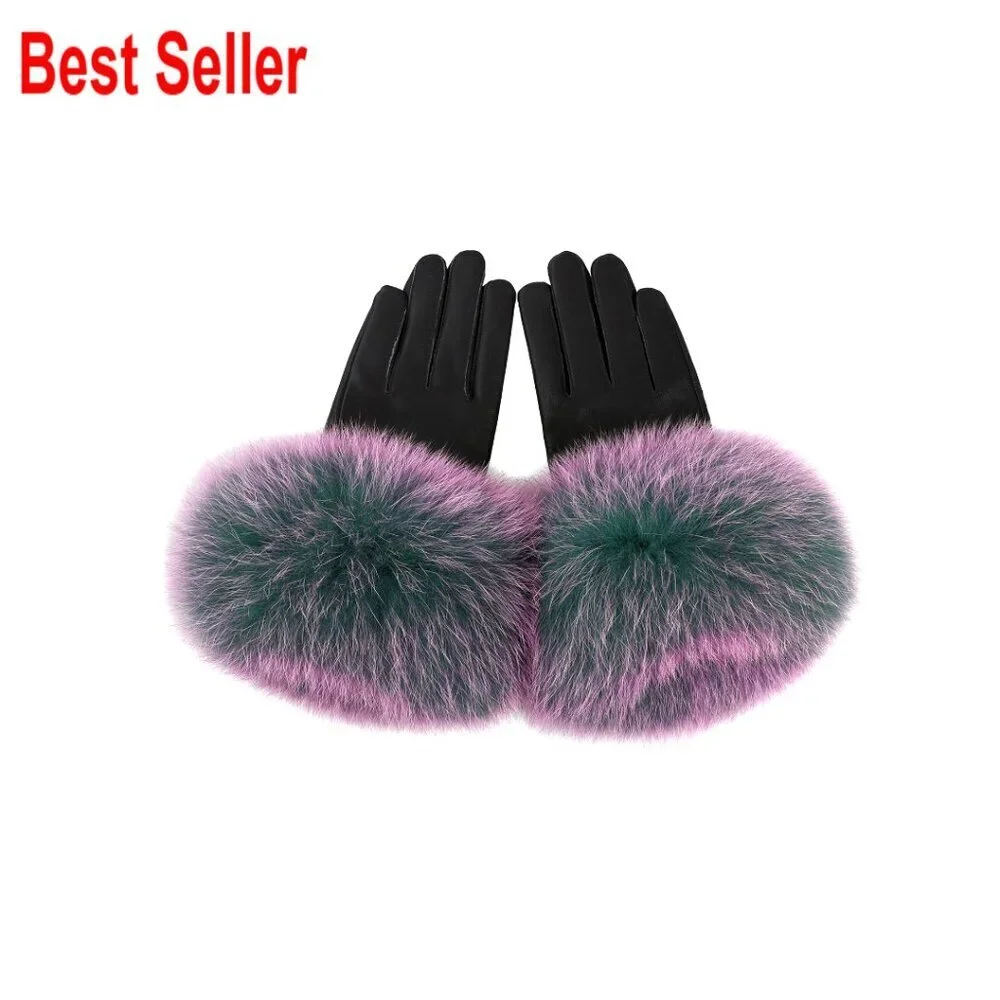 Genuine Lambskin Leather Gloves with Real Fox Fur Trim Cuff Winter Warm